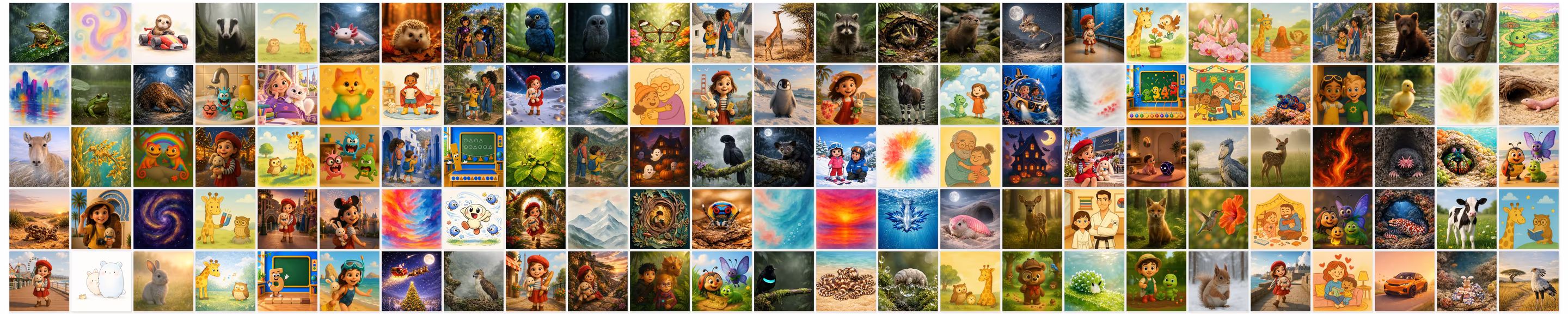 A colorful collection of Kiddos Books covers, with animal adventures, family stories, science discoveries and familiar storybook friends.