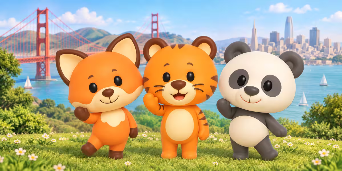 Fenn the fox, Tamba the tiger, and Mallow the panda waving in a flower-filled meadow overlooking San Francisco Bay and the Golden Gate Bridge.