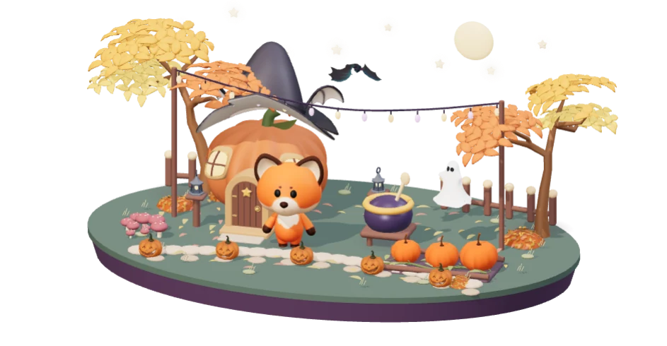 Fenn in an autumn miniature with a pumpkin cottage, leafy trees, glowing lanterns, a white ghost and a little flying bat.