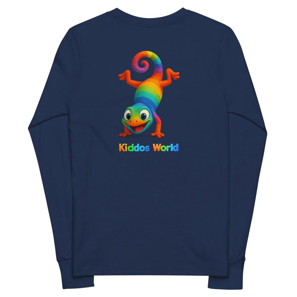 Full navy youth long-sleeve tee with a rainbow chameleon and Kiddos World lettering