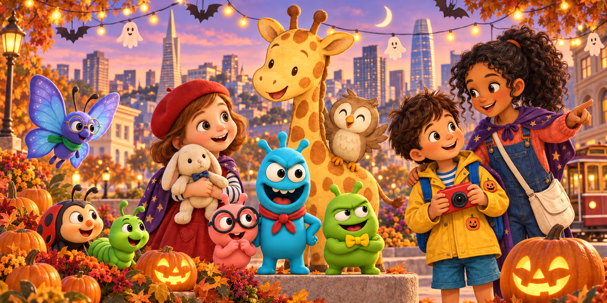 Kiddos World friends gathered among glowing pumpkins and string lights, with the San Francisco skyline at sunset.