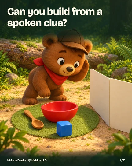 Page 1 of 7. Can you build from a spoken clue? Benny leans toward a freestanding cream card screen with one paw beside his ear. An empty red bowl, wooden spoon and blue cube lie separately on his green mat. The other side is out of view.