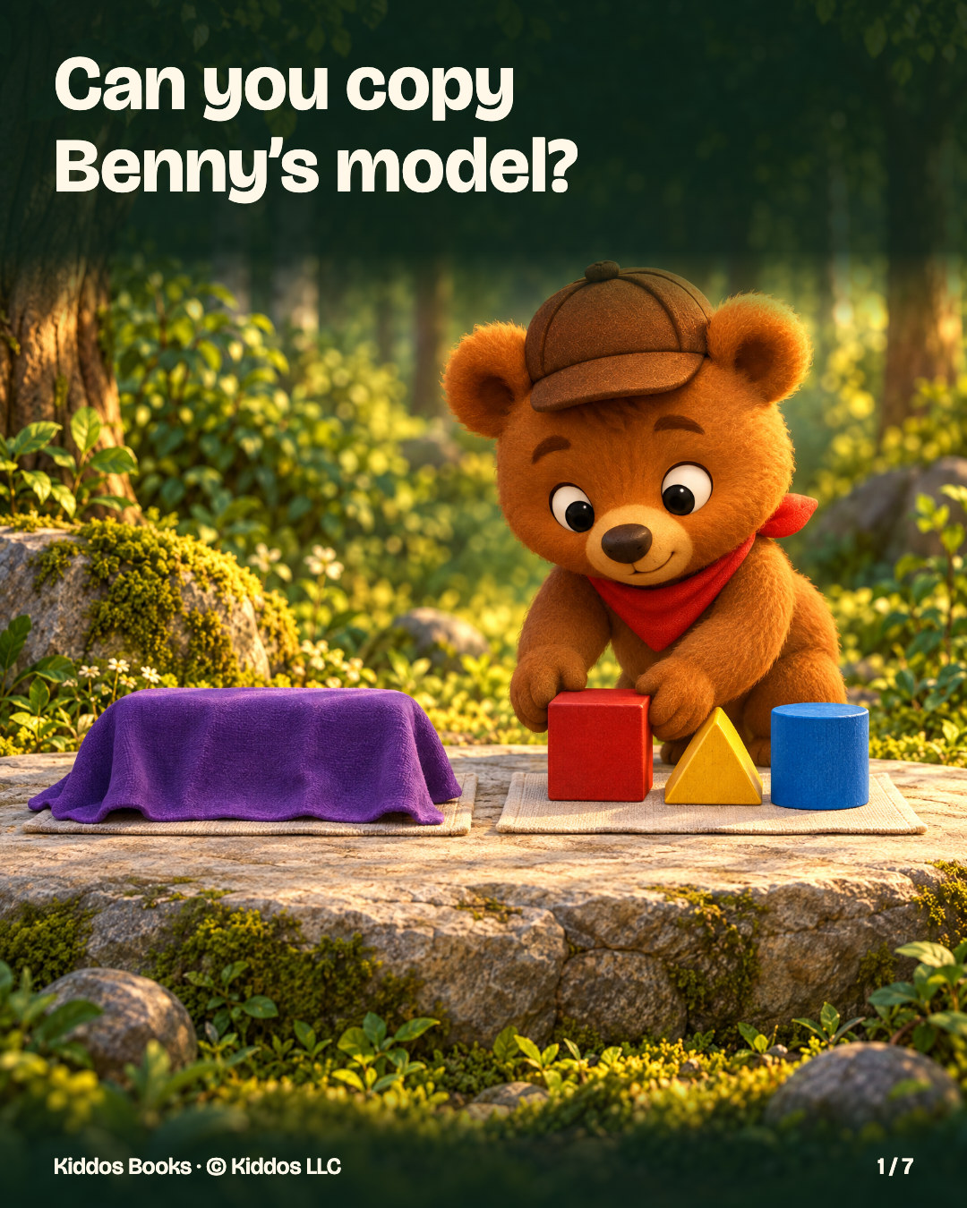Page 1 of 7. Can you copy Benny’s model? Benny stands beside two mats on a woodland stone. A purple cloth covers the far set; red, yellow and blue blocks are visible on the near mat.