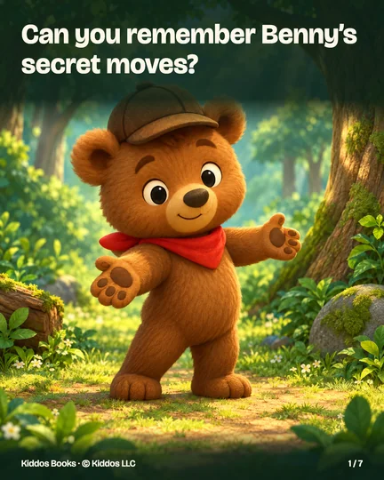 Page 1 of 7. Can you remember Benny’s secret moves? Benny stands on level grass under a leafy forest arch, smiling with both forepaws open toward us.
