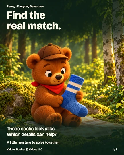 Page 1 of 7. Benny, a small brown bear in a brown detective cap and red neckerchief, holds a blue sock in a sunny woodland clearing. Text: Find the real match. These socks look alike. Which details can help? A little mystery to solve together.