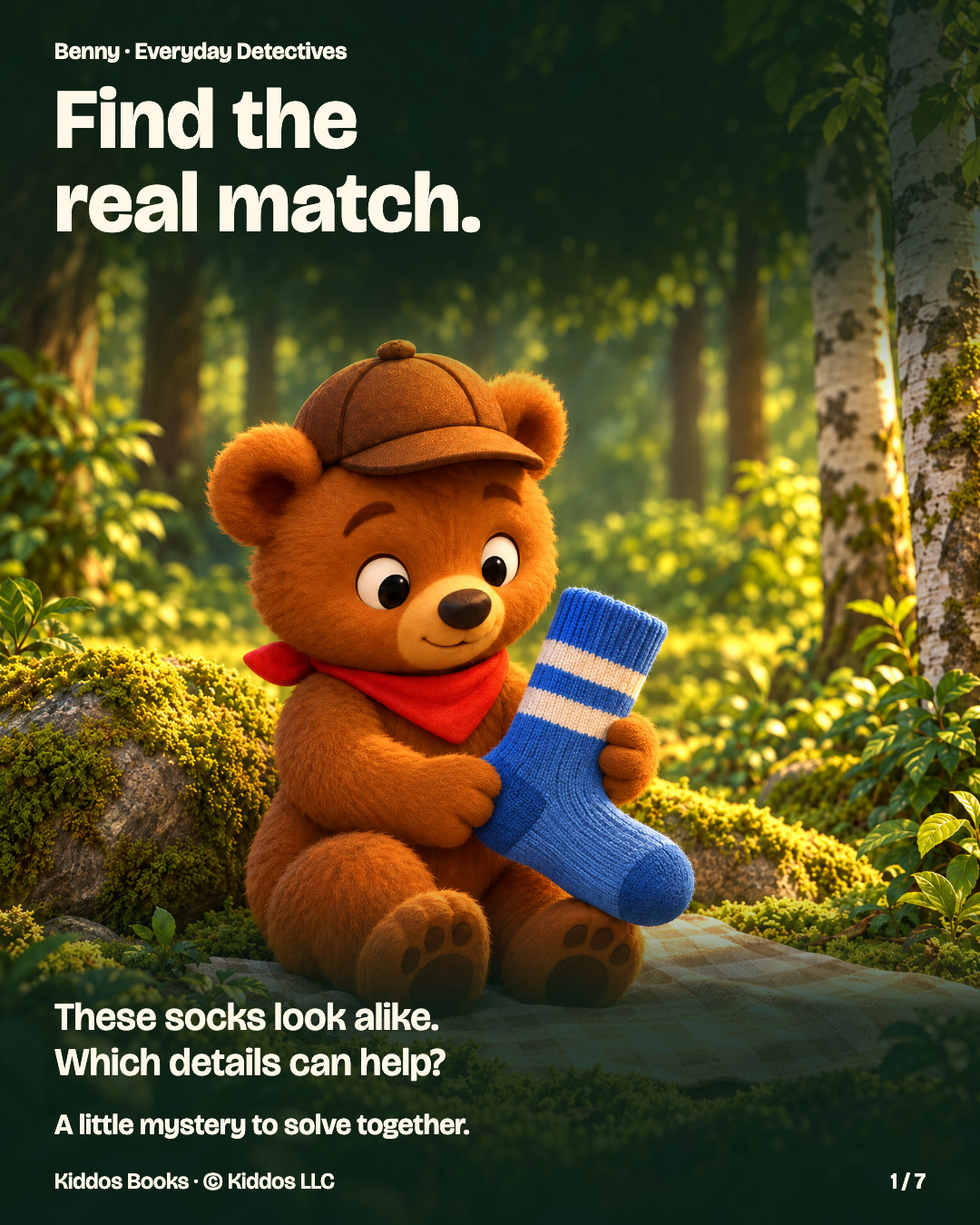 Page 1 of 7. Benny, a small brown bear in a brown detective cap and red neckerchief, holds a blue sock in a sunny woodland clearing. Text: Find the real match. These socks look alike. Which details can help? A little mystery to solve together.