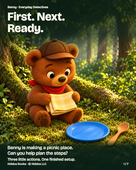 Page 1 of 7. Benny holds a folded pale-yellow cloth in his lap, with a blue plastic plate and wooden spoon beside him in a forest picnic nook. Text: First. Next. Ready. Benny is making a picnic place. Can you help plan the steps? Three little actions. One finished setup.