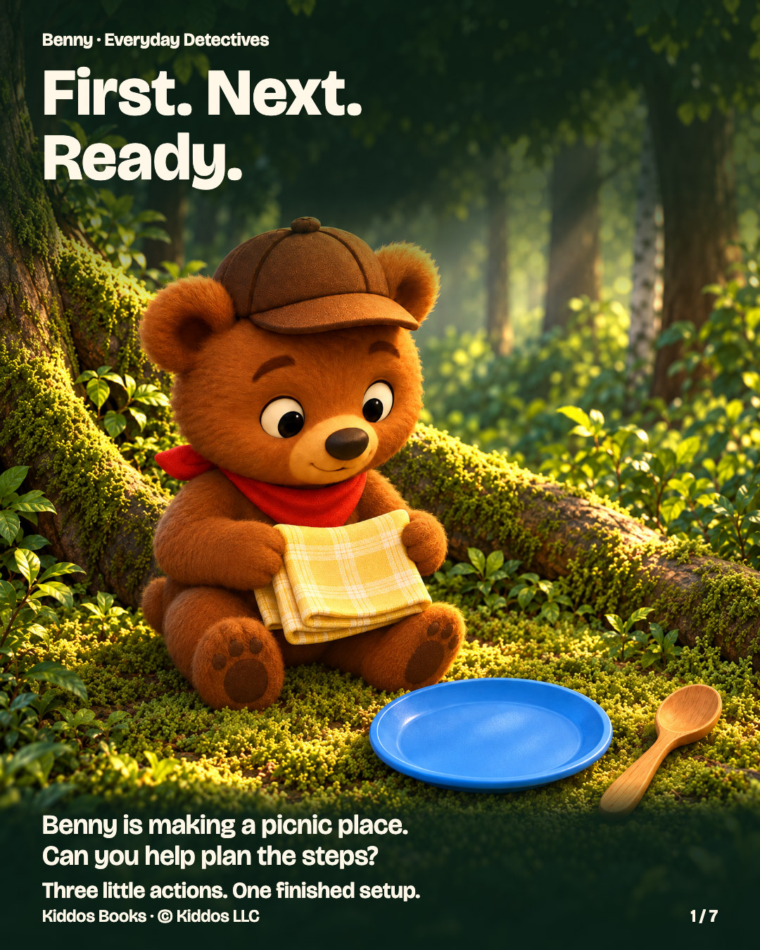 Page 1 of 7. Benny holds a folded pale-yellow cloth in his lap, with a blue plastic plate and wooden spoon beside him in a forest picnic nook. Text: First. Next. Ready. Benny is making a picnic place. Can you help plan the steps? Three little actions. One finished setup.