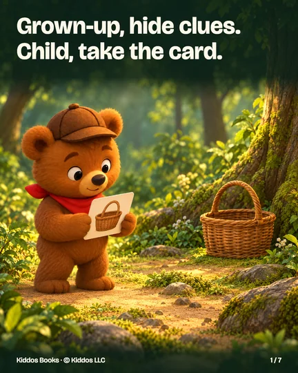 Page 1 of 7. Grown-up, hide clues. Child, take the card. Benny holds a card showing a wicker basket and looks toward the real basket farther along the woodland path.