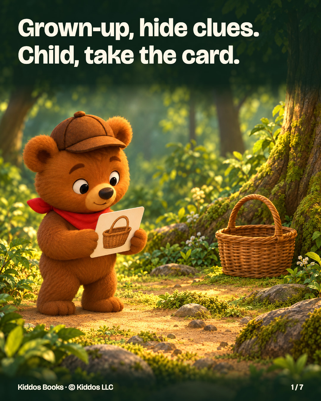 Page 1 of 7. Grown-up, hide clues. Child, take the card. Benny holds a card showing a wicker basket and looks toward the real basket farther along the woodland path.