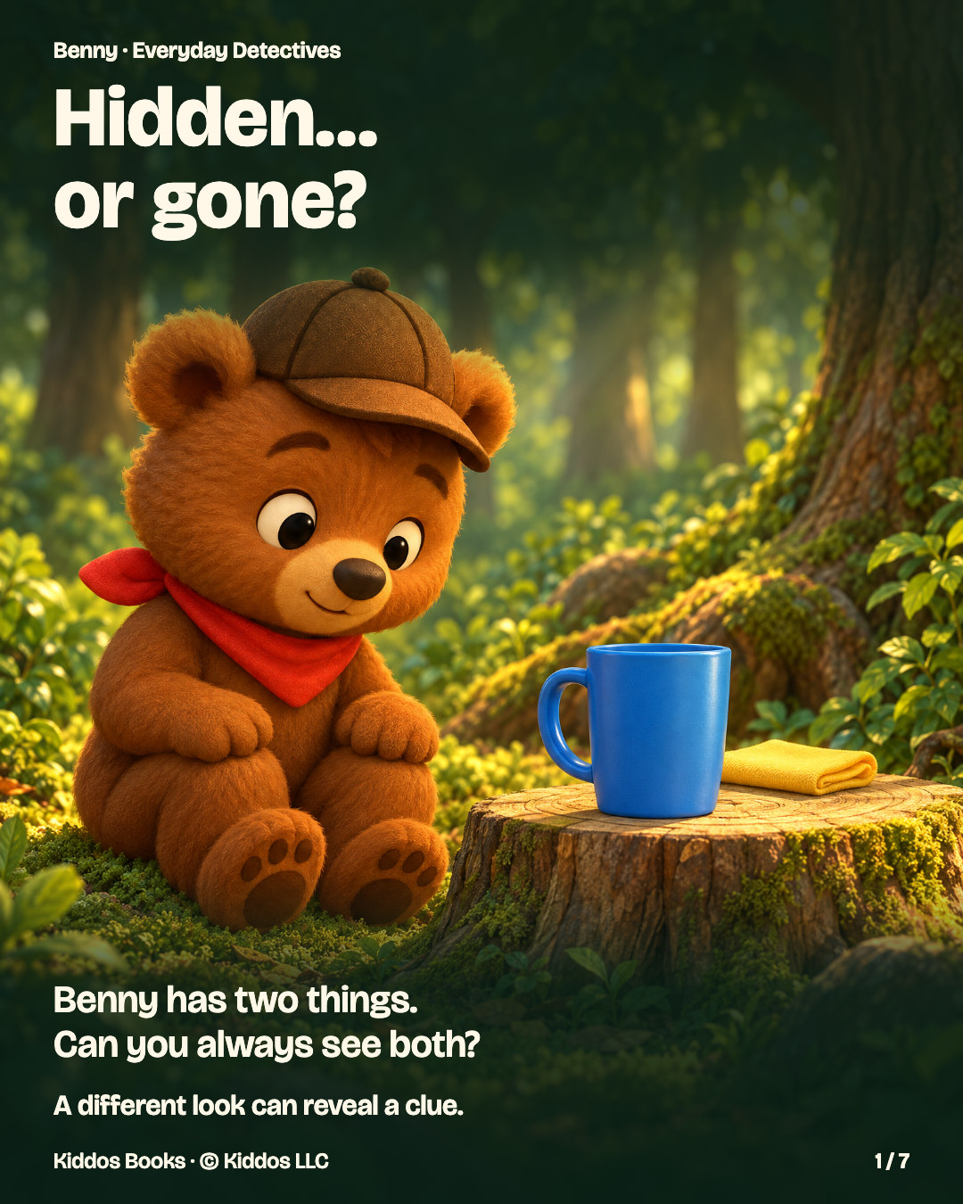 Page 1 of 7. Benny sits beside a low forest stump. A blue cup and folded yellow napkin are both visible. Text: Hidden… or gone? Benny has two things. Can you always see both? A different look can reveal a clue.