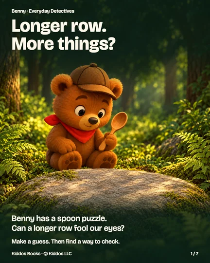 Page 1 of 7. Benny holds a wooden spoon beside a broad gray stone in the forest. Text: Longer row. More things? Benny has a spoon puzzle. Can a longer row fool our eyes? Make a guess. Then find a way to check.
