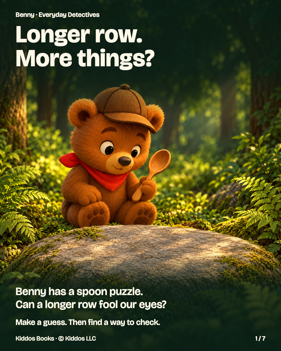 Page 1 of 7. Benny holds a wooden spoon beside a broad gray stone in the forest. Text: Longer row. More things? Benny has a spoon puzzle. Can a longer row fool our eyes? Make a guess. Then find a way to check.