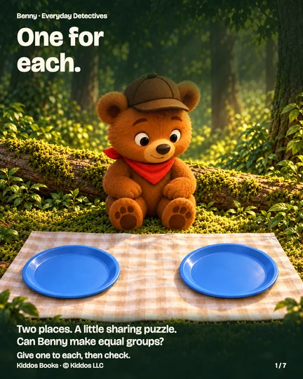 Page 1 of 7. Benny sits beside two empty blue plates on a pale cloth in the forest. No spoons are shown in this opening invitation. Text: One for each. Two places. A little sharing puzzle. Can Benny make equal groups? Give one to each, then check.