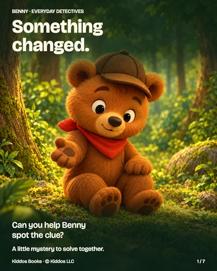 Benny, a brown bear cub in a brown cap and red neckerchief, sits on moss in a warm forest clearing, holding one paw open toward you. Text: Something changed. Can you help Benny spot the clue?