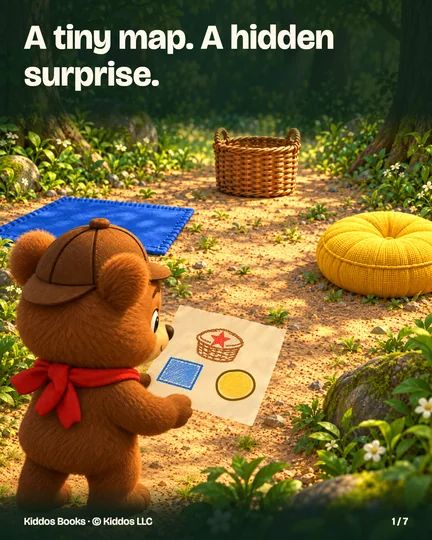 Page 1 of 7. A tiny map. A hidden surprise. Benny stands at the edge of a small clearing, holding a map. A blue cloth lies near-left, a yellow cushion near-right, and a basket farther between them. The map shows the same arrangement, with a star on the basket.
