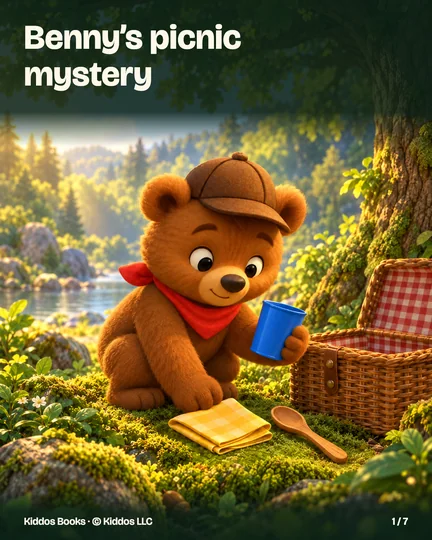 Page 1 of 7. Benny’s picnic mystery. Benny unpacks a blue cup beside an open picnic basket. A yellow folded napkin and wooden spoon lie on the moss.