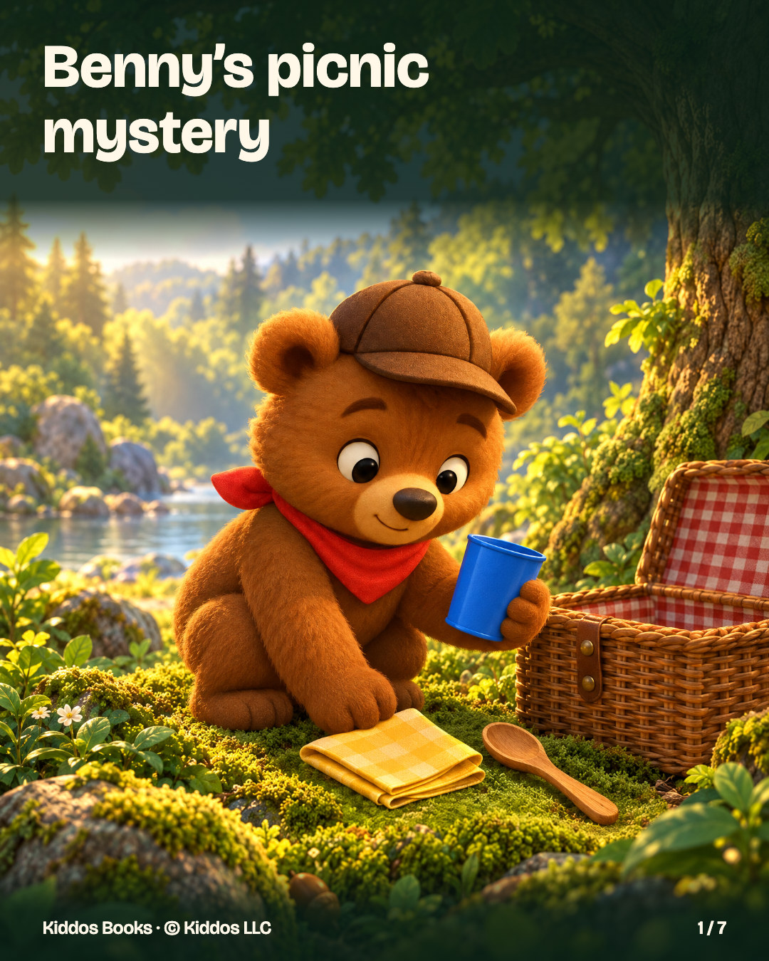 Page 1 of 7. Benny’s picnic mystery. Benny unpacks a blue cup beside an open picnic basket. A yellow folded napkin and wooden spoon lie on the moss.