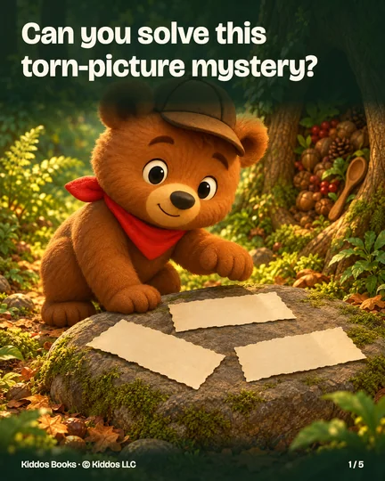 Page 1 of 5. Can you solve this torn-picture mystery? Benny crouches beside three large torn paper strips, all with their blank backs facing up on the low stone. He raises one paw above them and looks invitingly toward the viewer.