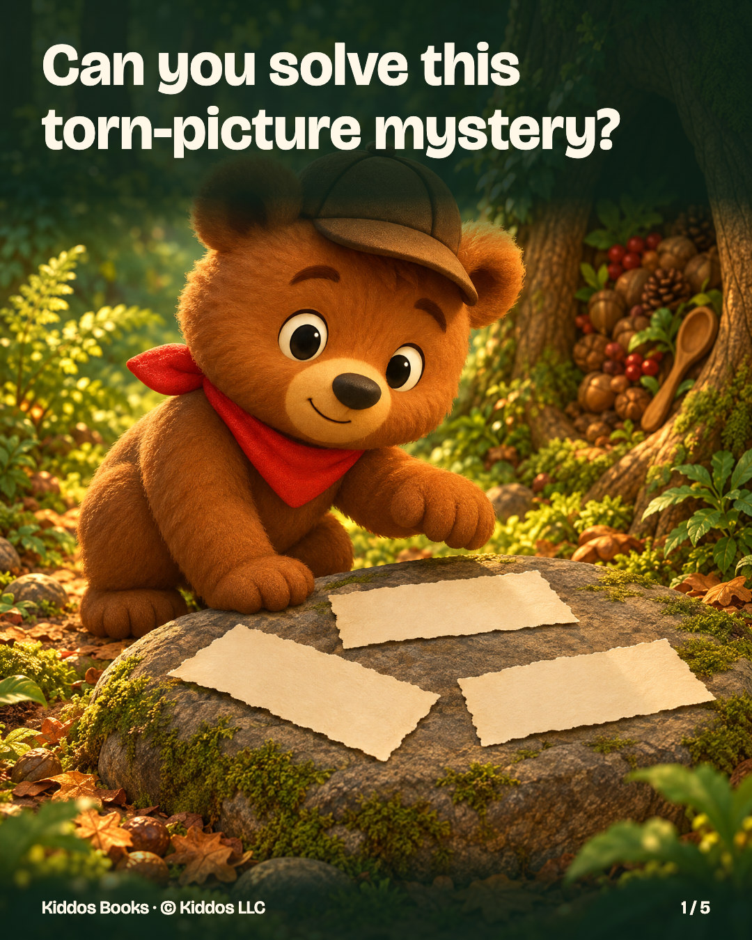 Page 1 of 5. Can you solve this torn-picture mystery? Benny crouches beside three large torn paper strips, all with their blank backs facing up on the low stone. He raises one paw above them and looks invitingly toward the viewer.