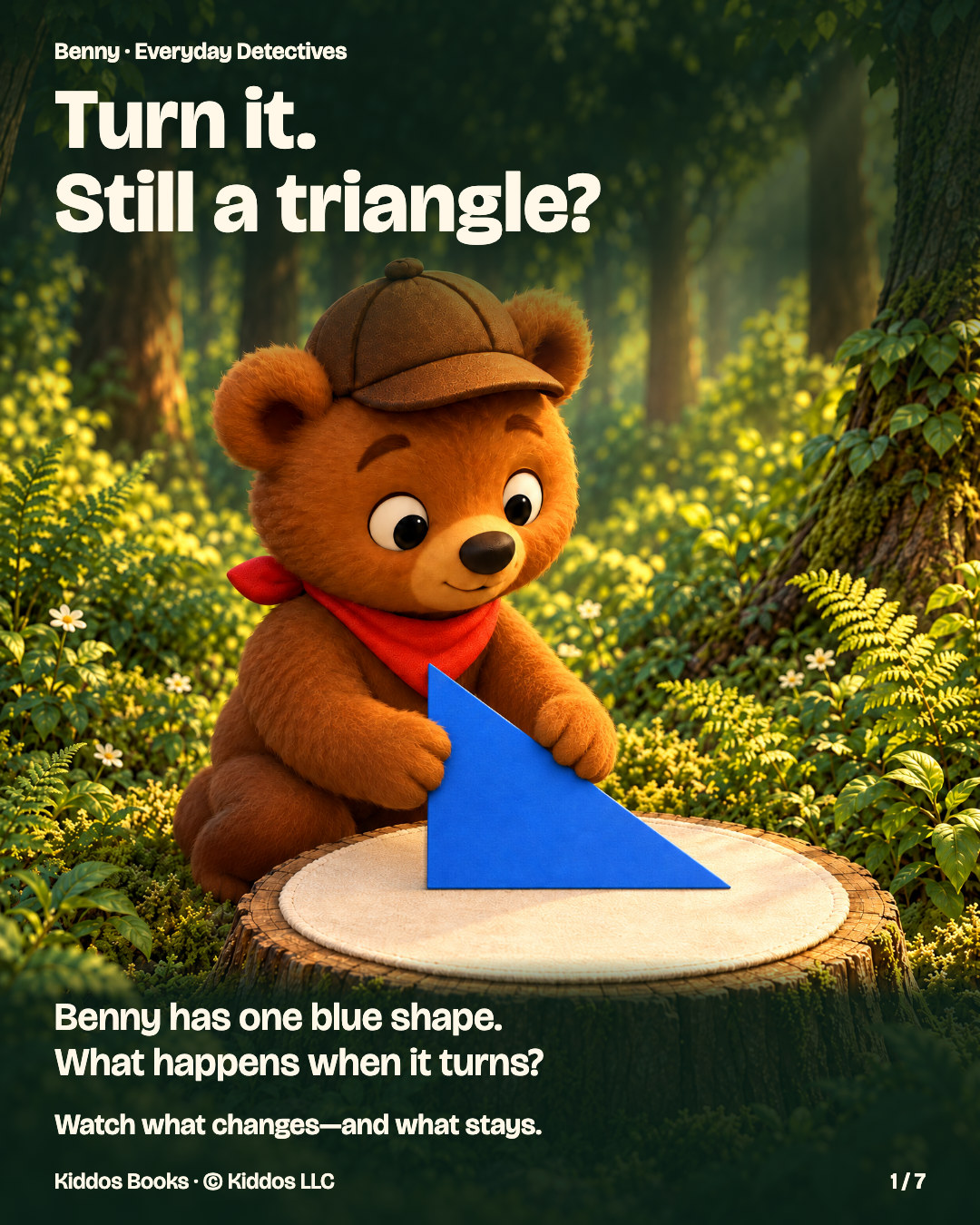 Page 1 of 7. Benny holds a large flat blue triangle below his face beside a low forest stump. Text: Turn it. Still a triangle? Benny has one blue shape. What happens when it turns? Watch what changes—and what stays.