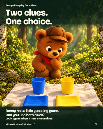 Page 1 of 7. Benny thinks beside four objects on a pale forest cloth: a blue cup, yellow cup, blue folded napkin and yellow folded napkin. Text: Two clues. One choice. Benny has a little guessing game. Can you use both clues? Look again when a new clue arrives.