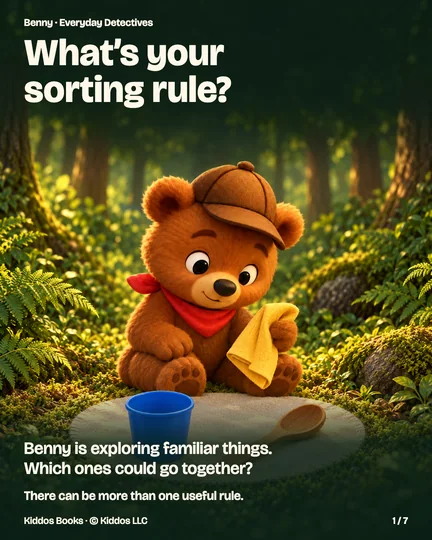 Page 1 of 7. Benny explores a soft cloth napkin. An empty blue cup and wooden spoon rest on a cloth in the mossy clearing. Text: What’s your sorting rule? Benny is exploring familiar things. Which ones could go together? There can be more than one useful rule.