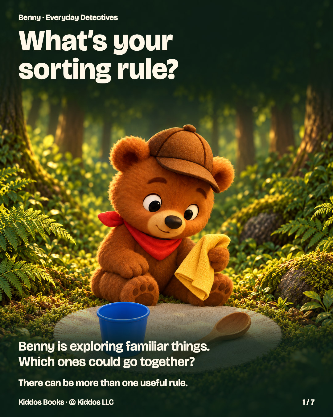 Page 1 of 7. Benny explores a soft cloth napkin. An empty blue cup and wooden spoon rest on a cloth in the mossy clearing. Text: What’s your sorting rule? Benny is exploring familiar things. Which ones could go together? There can be more than one useful rule.
