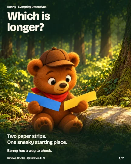 Page 1 of 7. Benny, a small brown bear in a brown cap and red neckerchief, holds a blue paper strip and a yellow paper strip beside a mossy stone in a sunlit forest. Text: Which is longer? Two paper strips. One sneaky starting place. Benny has a way to check.