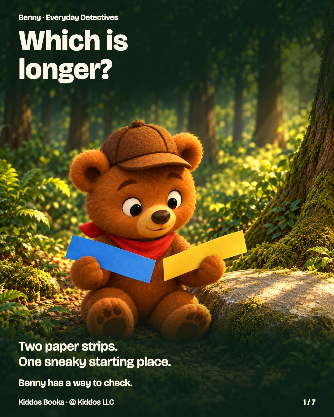 Page 1 of 7. Benny, a small brown bear in a brown cap and red neckerchief, holds a blue paper strip and a yellow paper strip beside a mossy stone in a sunlit forest. Text: Which is longer? Two paper strips. One sneaky starting place. Benny has a way to check.