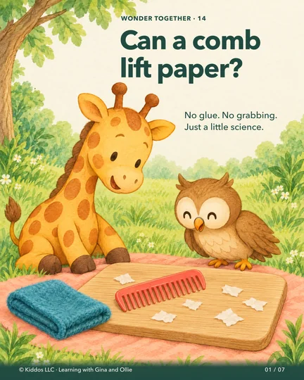 Gina the yellow giraffe and her small owl friend Ollie study a coral plastic comb, a folded wool cloth and small pieces of tissue paper on a low wooden board in their meadow. The paper is still resting on the board.