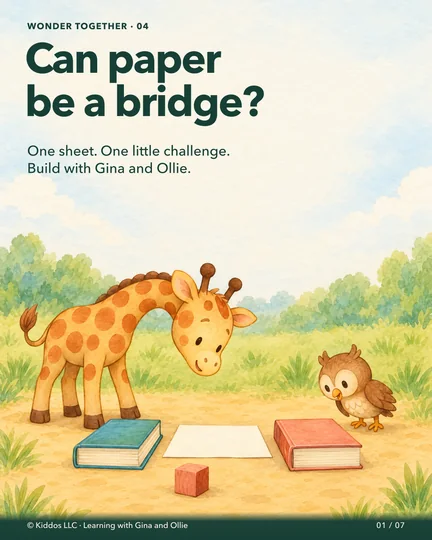 Gina the yellow giraffe and small brown owl Ollie investigate two closed books and a sheet of paper. A chunky coral toy block waits beside the books. The title asks, Can paper be a bridge?
