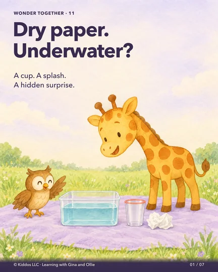 Gina the yellow giraffe and her much smaller brown owl friend Ollie investigate a clear plastic cup, a white paper towel and a small clear tub of water on a lavender picnic mat. Nothing has been dunked yet.