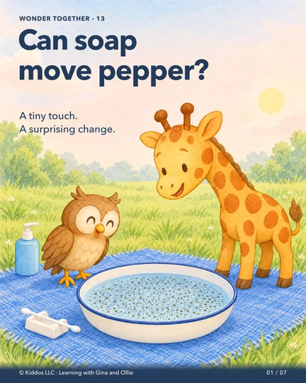 Gina the yellow giraffe and her small owl friend Ollie look at black pepper scattered across water in a shallow ivory plastic bowl with a blue rim. A cotton swab waits beside it on a blue cloth. Nothing has been added yet.