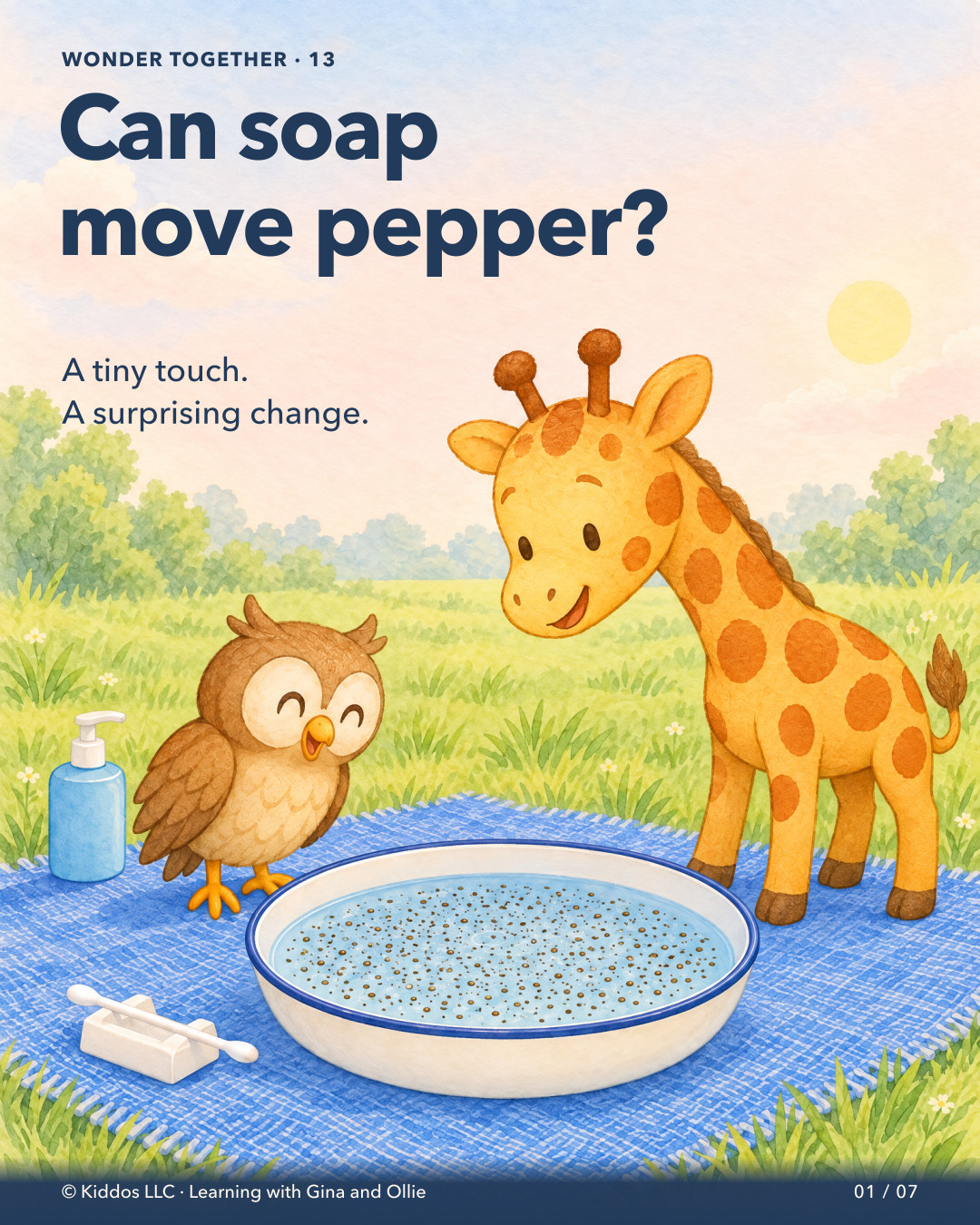 Gina the yellow giraffe and her small owl friend Ollie look at black pepper scattered across water in a shallow ivory plastic bowl with a blue rim. A cotton swab waits beside it on a blue cloth. Nothing has been added yet.