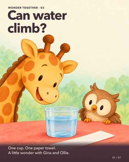Gina and little Ollie lean toward a clear cup of blue-tinted water and a dry paper-towel strip. The large title asks whether water can climb.
