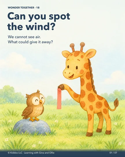 In a pale-blue meadow, Gina holds a short strip of paper by one end while Ollie watches. The loose end hangs down, inviting a search for evidence of invisible wind.