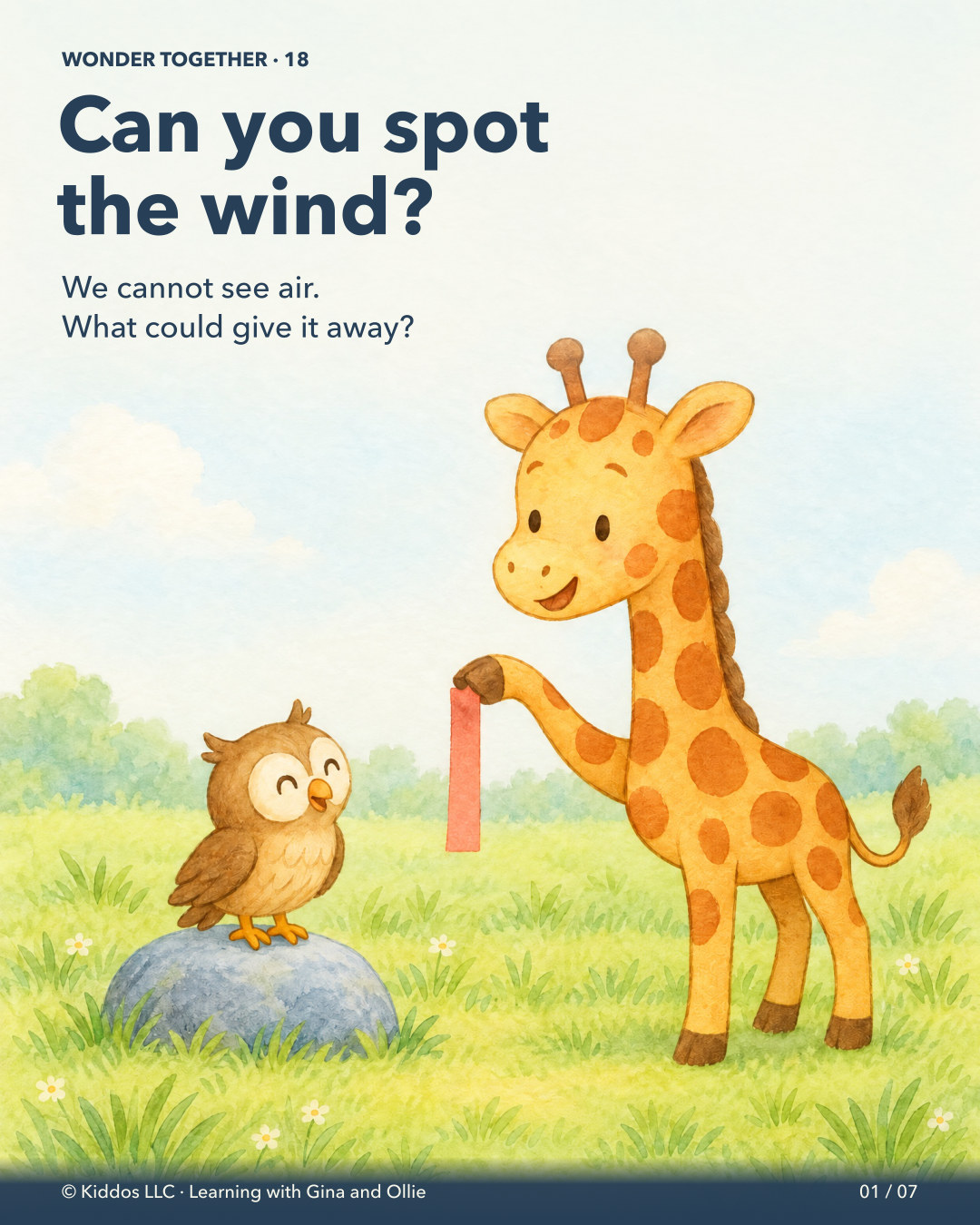 In a pale-blue meadow, Gina holds a short strip of paper by one end while Ollie watches. The loose end hangs down, inviting a search for evidence of invisible wind.