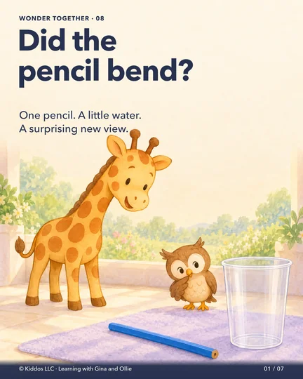 Gina the yellow giraffe and her small owl friend Ollie look at a straight blue pencil beside an empty clear cup on a lavender floor mat. The title asks whether the pencil bent, inviting an experiment before showing its result.