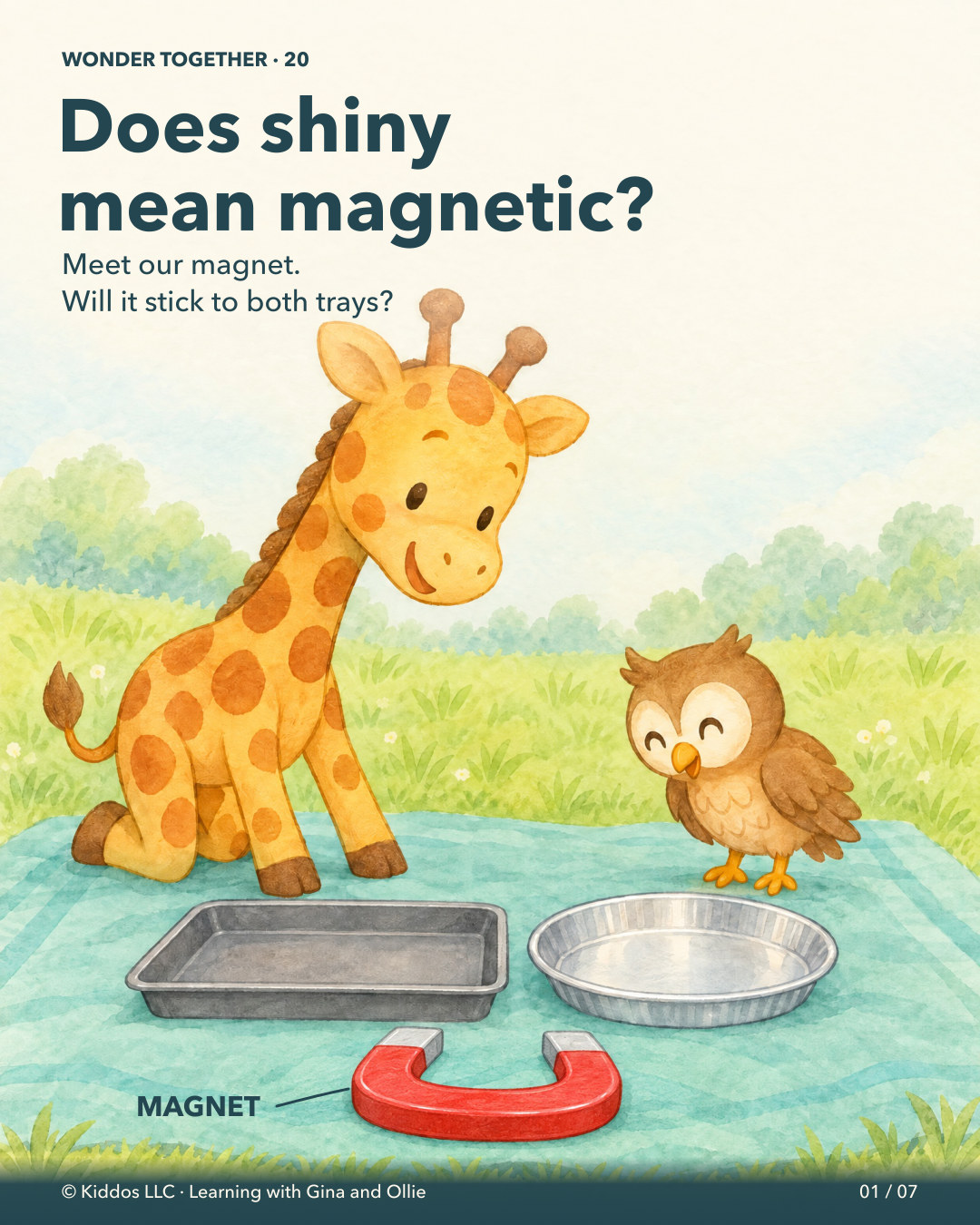 Gina and Ollie study two shiny trays on their sea-green picnic mat. A large red U-shaped teaching magnet lies separately in front. A MAGNET label names it before either tray is tested.