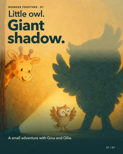 Ollie stands in a pool of warm flashlight light, with an enormous owl-shaped shadow on a wall. Gina leans in, curious. The small owl and his large shadow are visibly different.