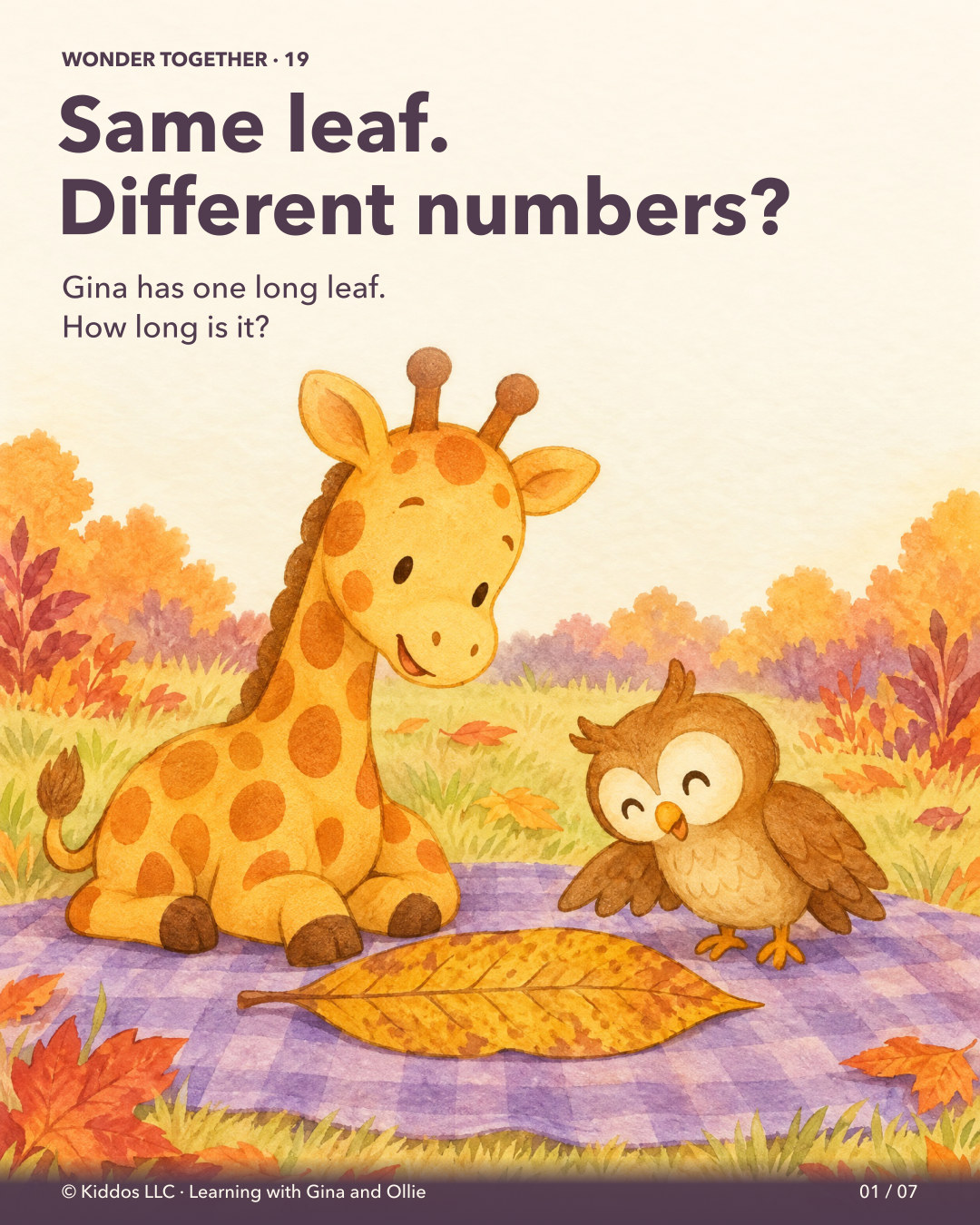 In an autumn-tinted clearing, Gina and Ollie study a long golden leaf on a violet picnic cloth. The leaf is the focus of a length question; there are no measurement results on the cover.