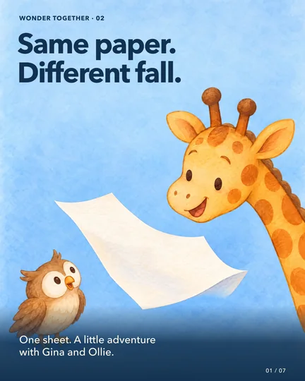Gina and small Ollie watch a broad white sheet flutter down through a softly painted blue room. The title invites a discovery about changing how the same paper falls.