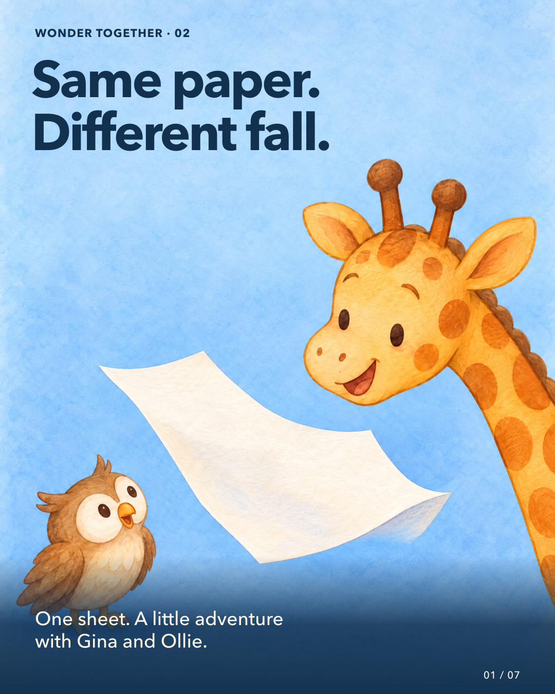 Gina and small Ollie watch a broad white sheet flutter down through a softly painted blue room. The title invites a discovery about changing how the same paper falls.