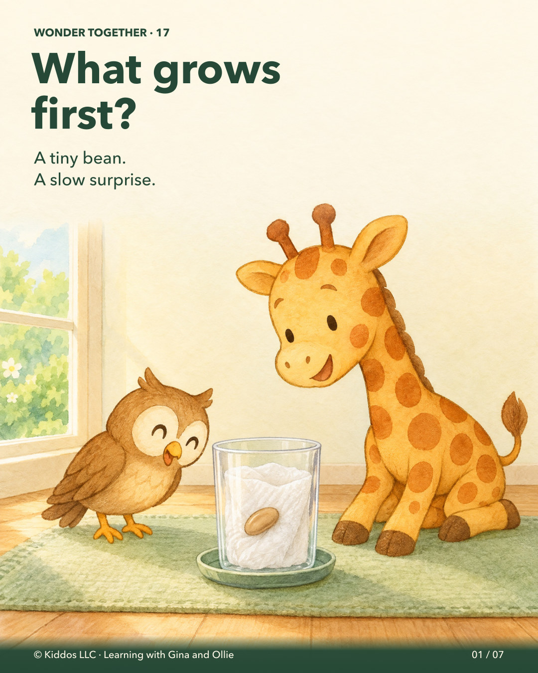 Gina the yellow giraffe and smaller brown owl Ollie inspect one unsprouted bean held against damp paper inside a clear open cup. The warm indoor window-garden scene invites the question of what will emerge first.