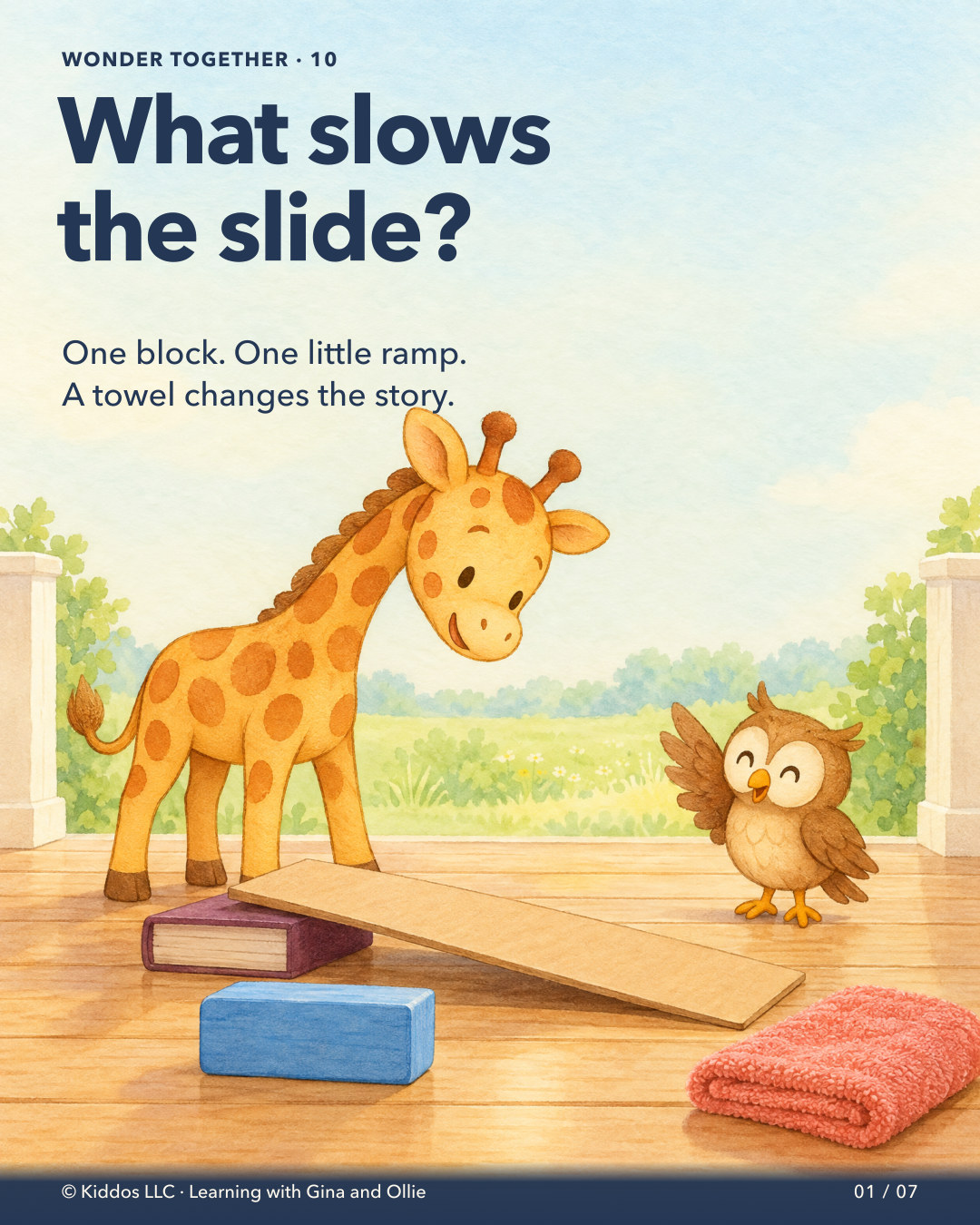 Gina the yellow giraffe and her small brown owl friend Ollie look at a blue wooden block, a low cardboard ramp propped on one thick book, and a folded coral towel on a shaded porch floor. The block waits beside the ramp; neither test result is shown.
