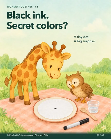Gina the yellow giraffe and small brown owl Ollie lean toward a white coffee filter with one black ink dot, on a cream plastic plate. A black washable marker and water cup wait nearby on a warm peach picnic cloth. No separated colors are shown.