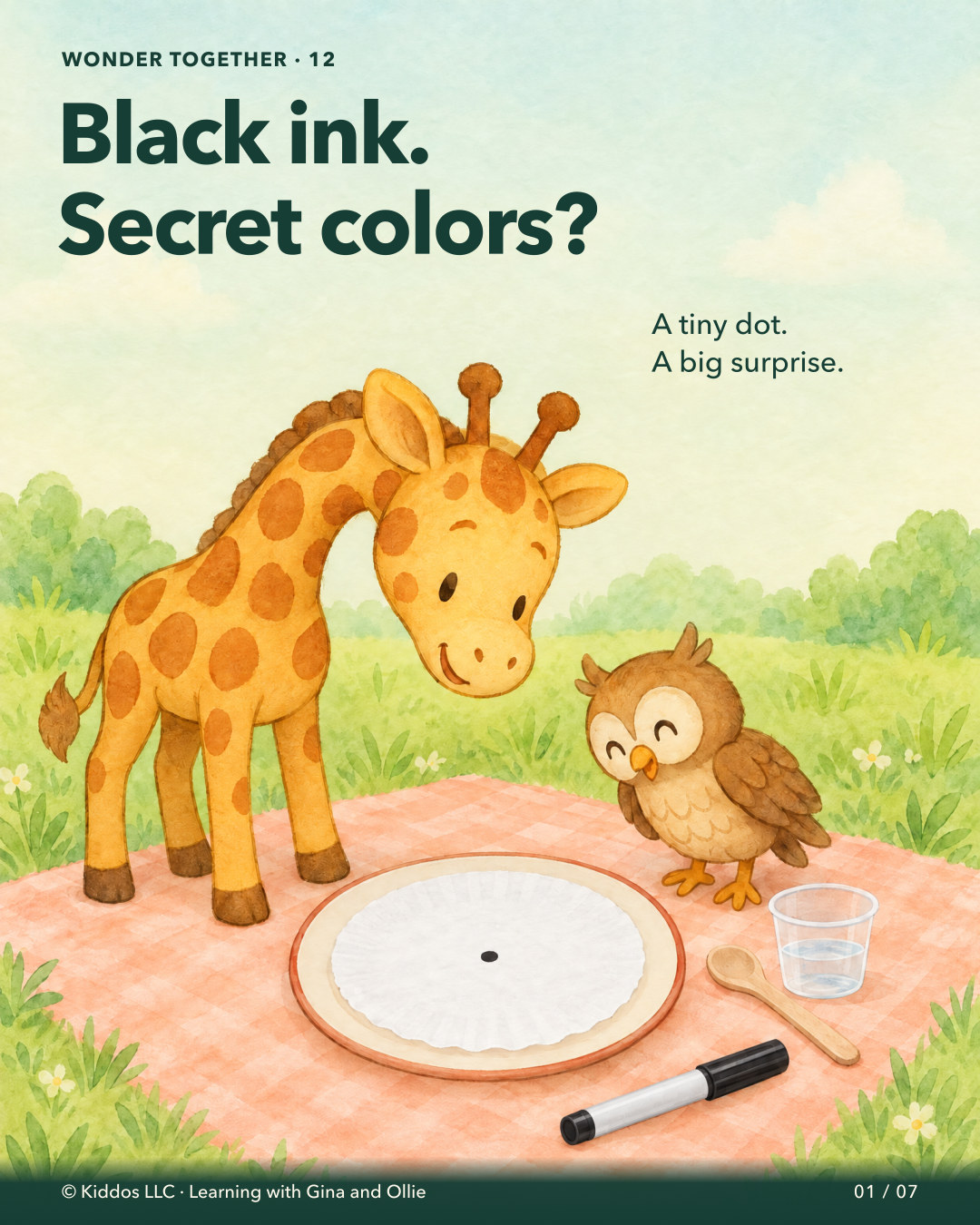 Gina the yellow giraffe and small brown owl Ollie lean toward a white coffee filter with one black ink dot, on a cream plastic plate. A black washable marker and water cup wait nearby on a warm peach picnic cloth. No separated colors are shown.