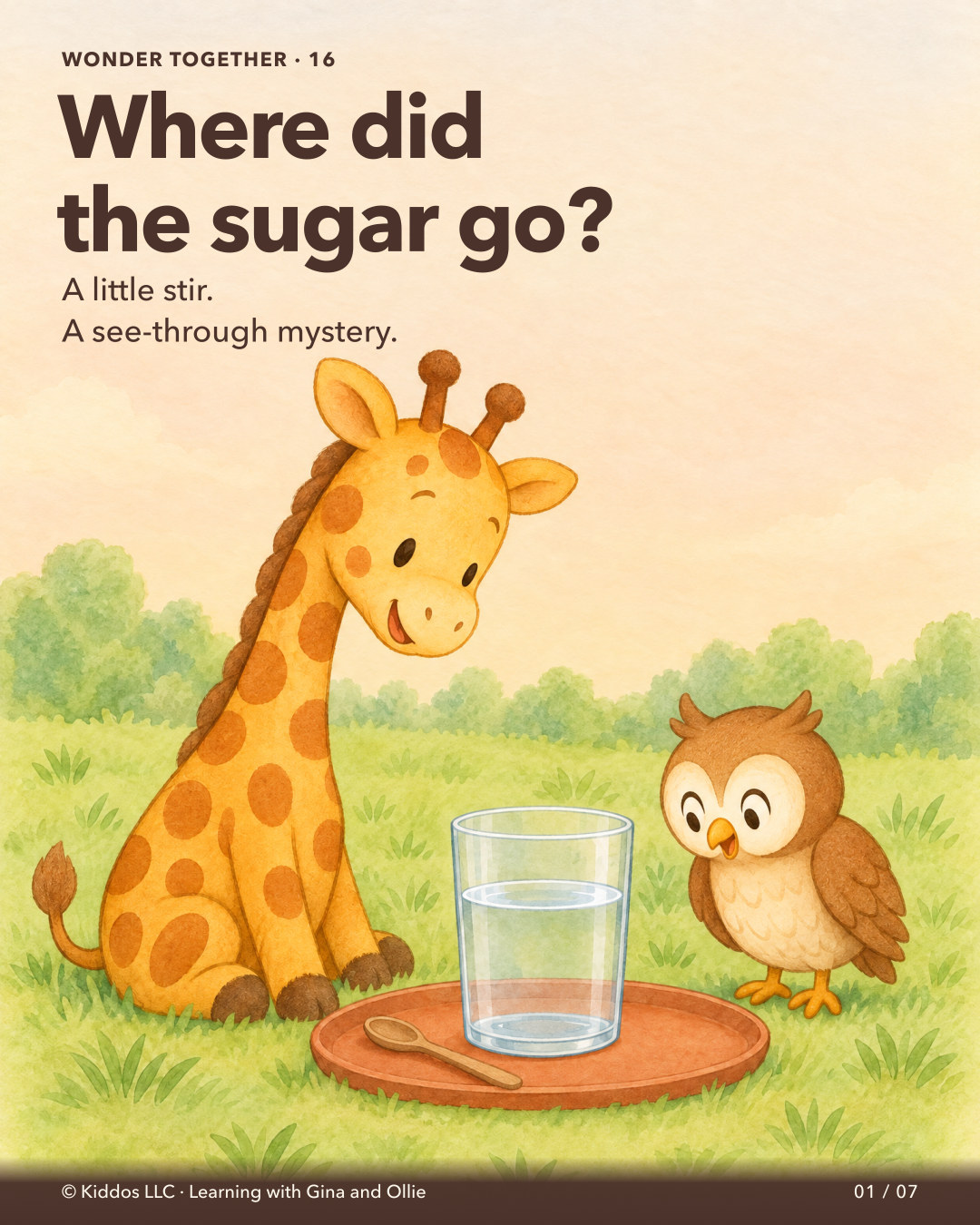 Gina the golden giraffe and small brown owl Ollie peer into a clear cup of water on a terracotta-colored tray in a meadow picnic spot. A wooden spoon rests on the tray. No sugar grains are visible; this opening mystery is explained by the sequence that follows.