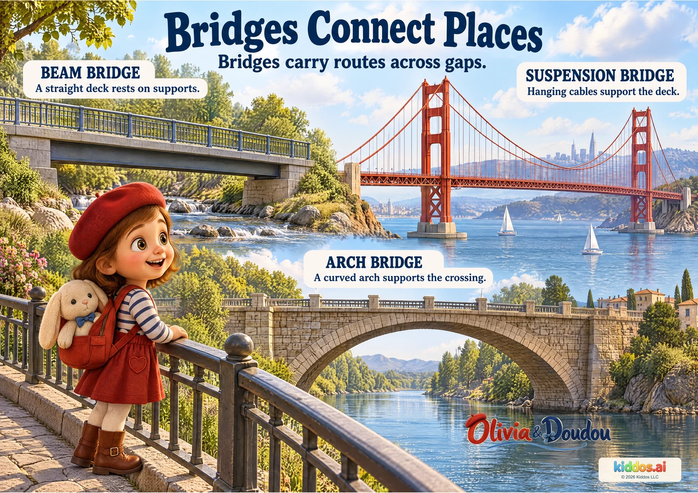 Three scenic examples show a beam bridge with support below its deck, a stone arch bridge and a red suspension bridge with hanging cables. Olivia watches from a protected promenade with Doudou in her backpack.